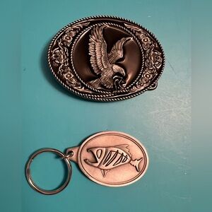 Western Eagle Belt Buckle + G. Loomis Fish Logo Pewter Keychain Canada Lot